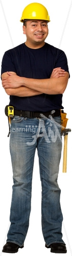 Juan listening in construction outfit