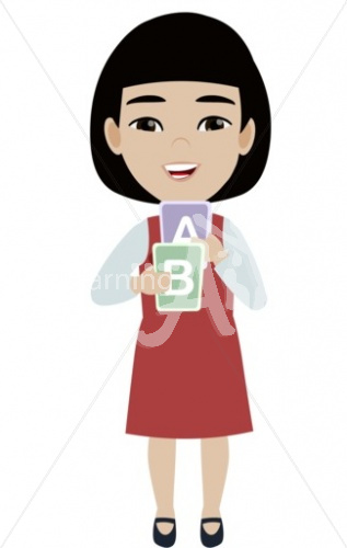 Esme holding flashcards in casual clothes