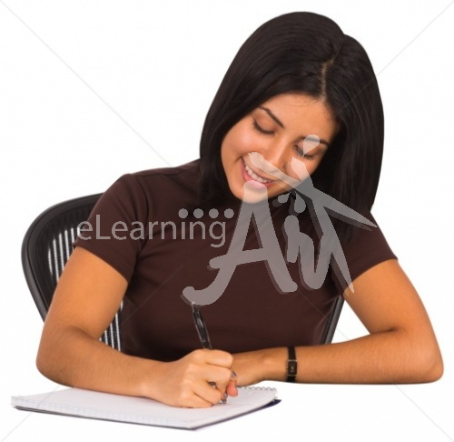 Adela writing in a notebook in business casual