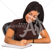 Adela writing in a notebook in business casual