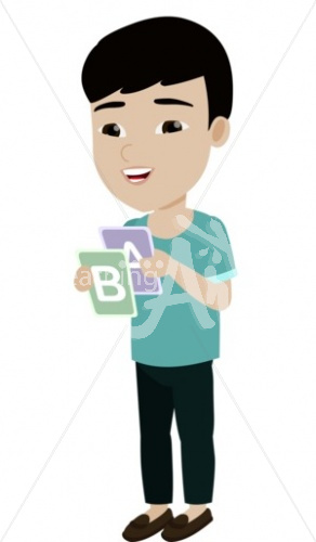 Hiro holding flashcards in casual clothes