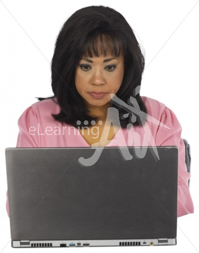 Mimi typing in business casual