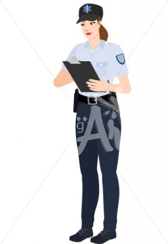 Kay writing in EMT uniform