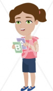 Roxi holding flashcards in casual clothes
