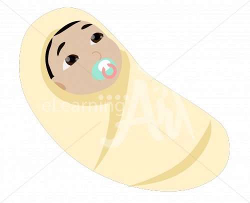 Rin listening in a swaddle with a pacifier