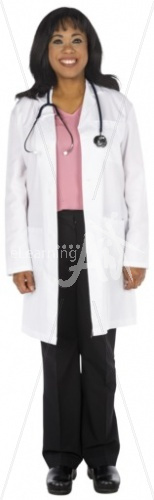 Mimi smiling in a labcoat