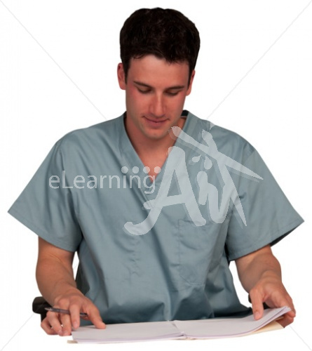 Ian reading in scrubs