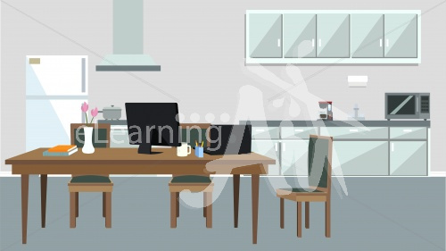 Dining Room and Kitchen Office Illustrated Background 16x9