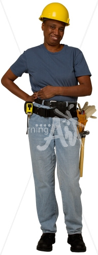 Sue smiling  in construction outfit